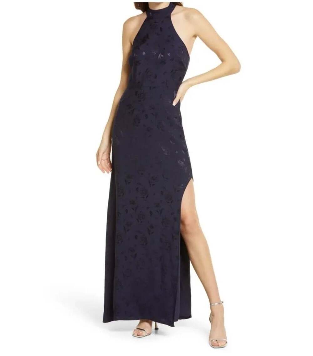 Lulus Red Carpet Ready Halter Column Gown Navy Blue Women's Small NWOT